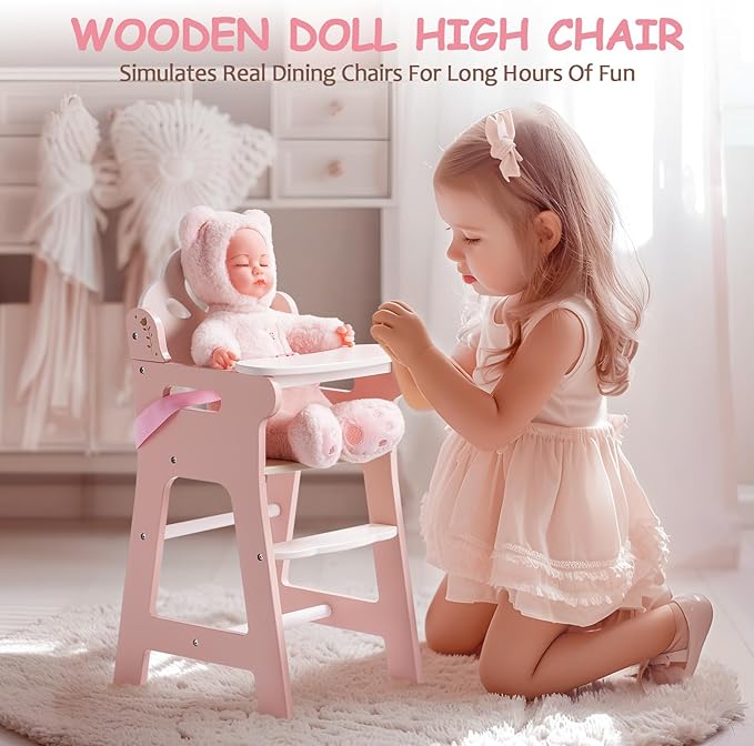 ROBOTIME High Chair for Pretend Play, Wooden Baby Doll Furniture with Safety Belt and Footrest, Fits 18 Inch Dolls, Gift for Ages 3+, White/Pink