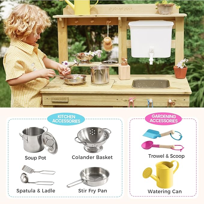 Tiny Land Outdoor Mud Kitchen for Kids, Wooden Play Kitchen with Water Tank, Water & Cooking Play, Sensory Fun, Weather-Resistant with Storage, Ideal for Toddlers Ages 3+