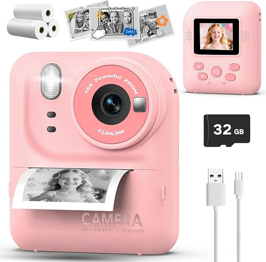 Kids Camera Instant Print Photo, Portable Thermal Printing Camera Toy with HD Digital Video, for 3-12 Years Old Boys Girls, Creativity & Learning (Pink)