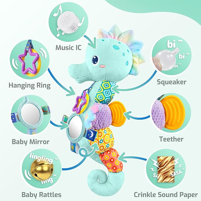 Sumobaby Infant Baby Musical Stuffed Animal Activity Soft Toys with Multi-Sensory Crinkle, Rattle and Textures, for Tummy Time Newborn 0-3-6-12 Months Girls,Seahorses - Blue with Baby Mirror