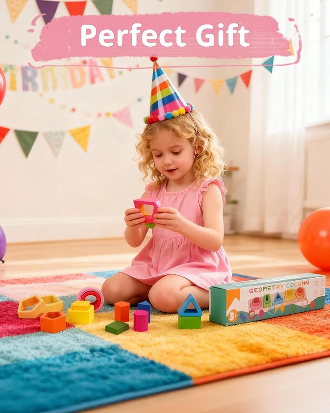 Montessori Toys for 1 2 3 Year Old, Wooden Stacking & Sorting Toy with Geometric Shapes, Educational Learning Toys and Birthday Gifts for Toddlers Boys Girls 1-3