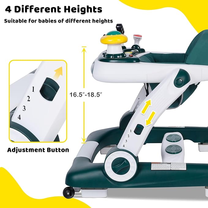 6 in 1 Baby Walker, Baby Activity Center for Toddler, Walker Rocker Bouncer w/Adjustable Height Speed, Learning-Seated & Walk-Behind, Infant Walker w/Feeding Tray & Music Toys, Green