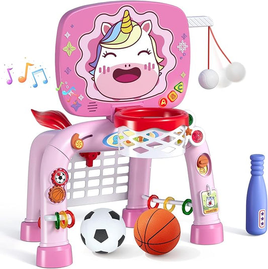 Toddler Basketball Hoop Tball Set & Soccer Goal - Unicorn Sport Toys for 1 Year Old Girl with Learning Activities (Abacus/Alphabet/Animals Sounds) Christmas Birthday Gifts for Baby Girl Age 1 2 3