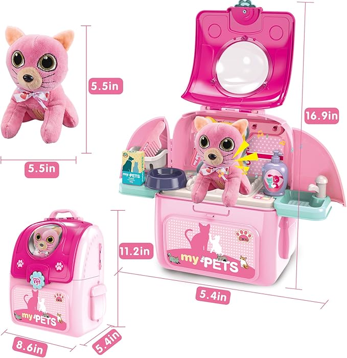 Pet Cat Carrier Backpack Toy, MAGIC4U 23PCS Pet Care Playset,Vet Clinic and Doctor Kit for Kids, Veterinarian Pretend Play Set for Boys and Girls Ages 3-6 Pink