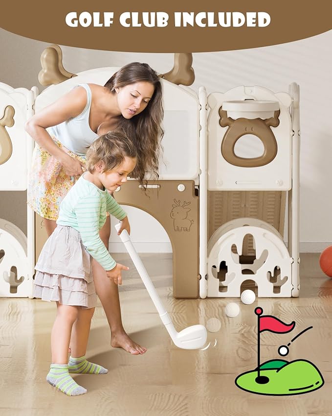 YUFU 13 in 1 Kids Slide for Toddlers, Toddler Slide Playset with Golf, Drawing Board, Climber, Basketball Hoop and Storage Space, Indoor Outdoor Toddler Playground for Kids Age 1-3 (Brown)