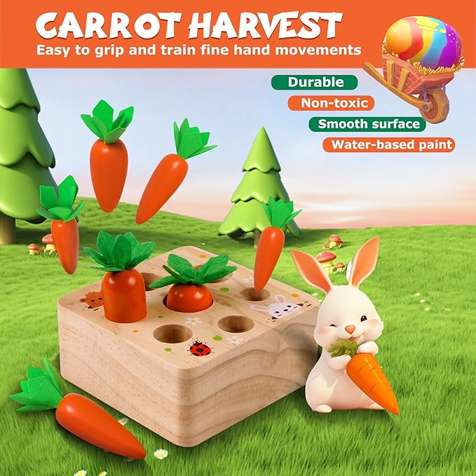 Montessori Toys for 1 Year Old, Montessori Baby Carrots Toy for 6-18 Months, Educational Wooden Carrot Harvest Game for Shape Sorting & Easter Toys, Birthday Easter Gifts for Babies Boys Girls