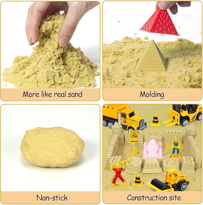 Sensory Bin Toys, Alloy Construction Trucks Play Sand Art Kits with 2.2lbs Magic Sand, Molds, Shovel, 6Pcs Construction Vehicles, Crane- Sensory Sandbox with Lid for Kids Toddlers Age 3-8