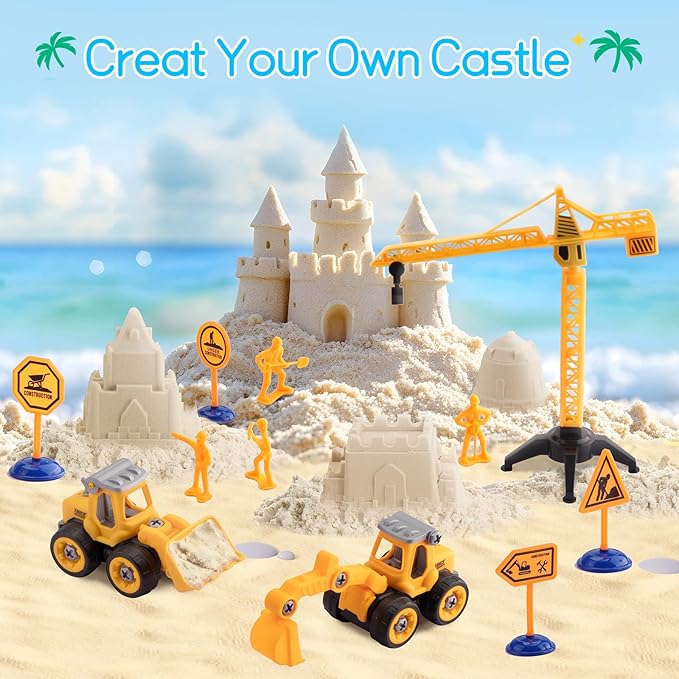 Beach Sand Toys for Kids: Sand Castle Toys with 2 Construction Trucks, Collapsible Beach Bucket, Shovel Set and Castle Builiding Kit, Sandbox Toys for Toddlers Girls Boys