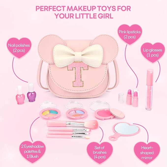 Kids Makeup Kit for Girls - 15 Pcs Real Washable Make Up Set - Non Toxic Toddlers Cosmetic with Letter Mouse Ear Purse - Dress up Birthday Gifts for 3 4 5 6 7 8 Years Old Girls - T