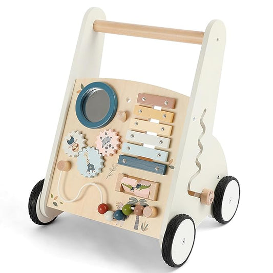 Freniland Wooden Baby Walker，Baby Walker with Wheels for Toddlers 18M+，Montessori Toys with Bead Maze, Xylophone and Storage for Boy and Girl