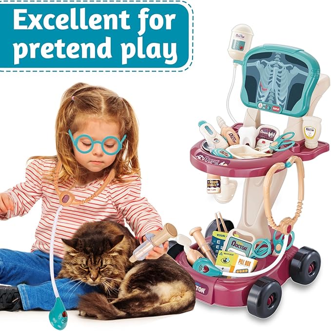 29 Pcs Doctor Kit for Toddlers 3-5 Pretend Play Toys Dentist Set Vet Medical Mobile Cart with Sound & Light Xray Stethoscope Toddler Doctor Play Set 3 4 5 Year Old Girls Gift Christmas