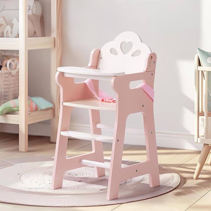ROBOTIME High Chair for Pretend Play, Wooden Baby Doll Furniture with Safety Belt and Footrest, Fits 18 Inch Dolls, Gift for Ages 3+, White/Pink