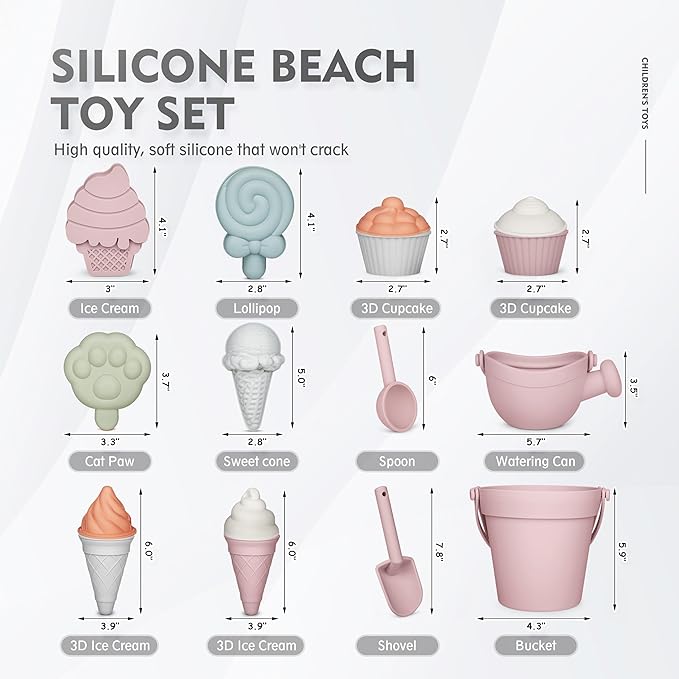 MarcZero 17Pcs Silicone Beach Toys,Modern Baby Beach Toys,Travel Friendly Beach Set,Silicone Bucket, Watering Can, Shovel, 12 Sand Molds, Beach Bag,Silicone Sand Toys for Toddlers, Kids (Pink)