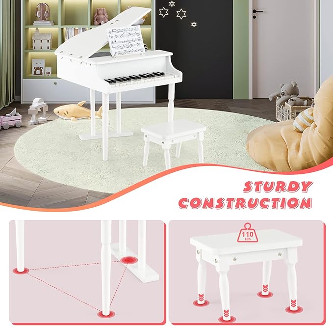 30-Key Kids Piano Keyboard, Mini Grand Piano for 3 Years+, Toddler Musical Instrument with Stool & Removable Music Stand, Wooden Baby Music Toys Gifts for Beginners, Girls & Boys