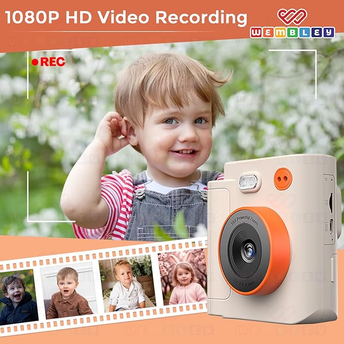 Wembley Kids Instant Print Camera with Dual Lens, 48MP, 1080P HD, 2.4" IPS Screen, 16X Zoom, 32GB SD Card, Thermal Printing, 6 Pens, 4 Rolls, USB Type-C, for Girls & Boys- Cream