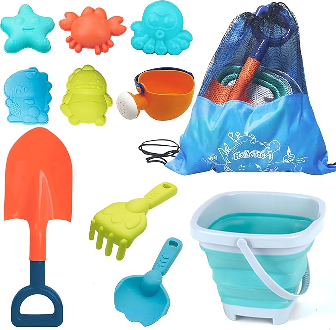 Beach Toys Set for Kids -Collapsible Sand Bucket&Mesh Beach Bag and Shovels Sand Rake Toy 11Pcs Set, Animal & Dinosaur Molds,Fork,Rake&Watering Can for Toddlers Ages 3+