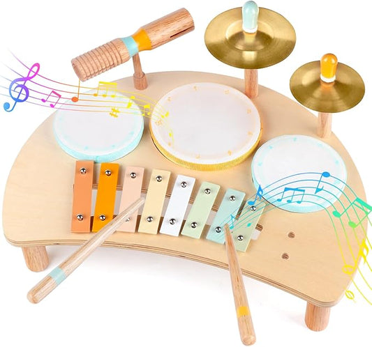 Kids Drum Set, Montessori Musical Instruments for Toddlers 1-3, Wooden Musical Toys for Baby 12-18 Months, Preschool Educational Xylophone Drum Kit, Birthday Gift for Boys Girls Ages 3+