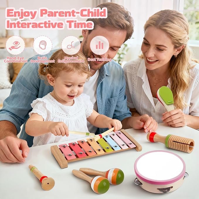 Baby Musical Instruments - Montessori Wooden Toys for Toddlers 1-3, Xylophone Maracas Tambourine Percussion Set, Kids Preschool Music Learning Toys Christmas Birthday Gifts for Boys Girls Age 3+, Pink