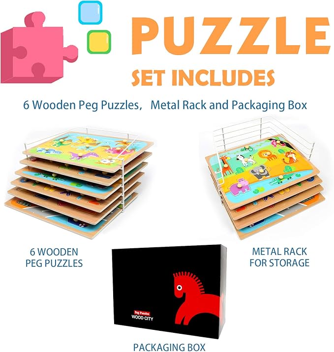 WOOD CITY Toddler Puzzles and Rack Set, Wooden Peg Puzzles Bundle with Storage Holder Rack, Educational Knob Puzzle for Kids Age 2 3 4 Years - Alphabet Number Shape Dinosaur Animal Vehicle