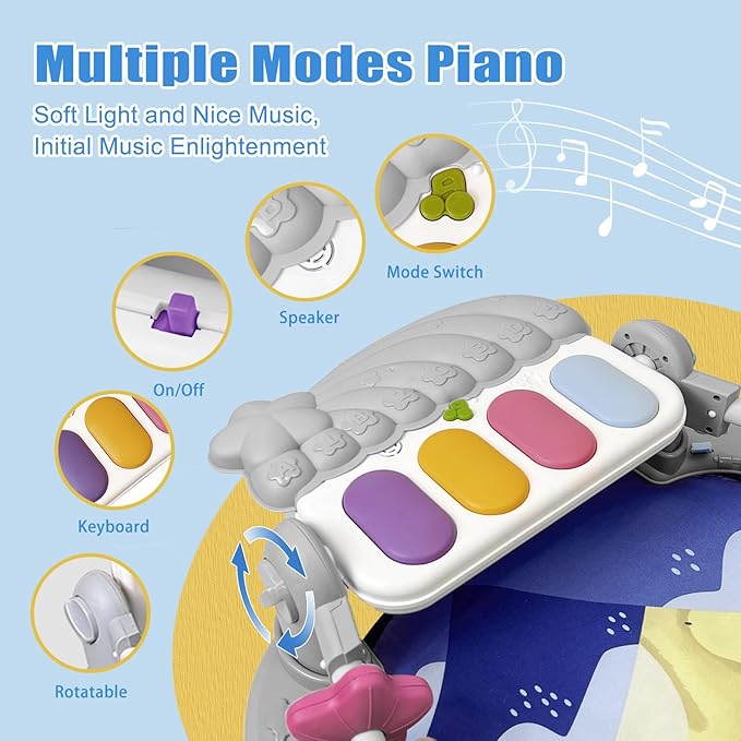 Baby Play Gym Mat, Baby Gym Activity Center, Kick and Play Piano with Music and Light, Tummy Time Toys for Newborn Babies Infants Boys Girls 0-3-6-9-12 Months (Grey)