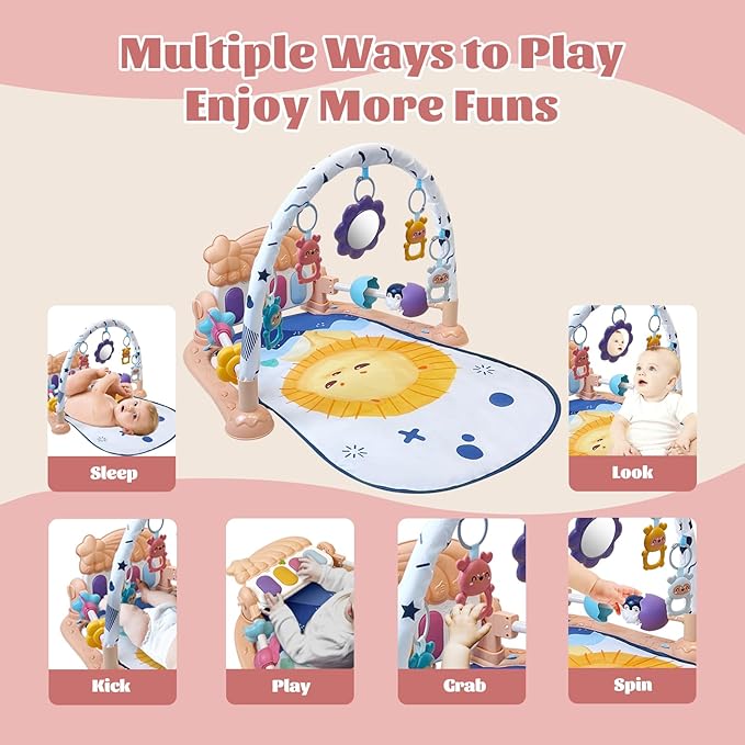 Baby Play Mat Activity Gym, Musical Activity Center, Kick and Play Piano Gym, Tummy Time Mats for Newborn Babies Infants Toddlers Boys Girls 0-3-6-9-12 Months (Apricot)