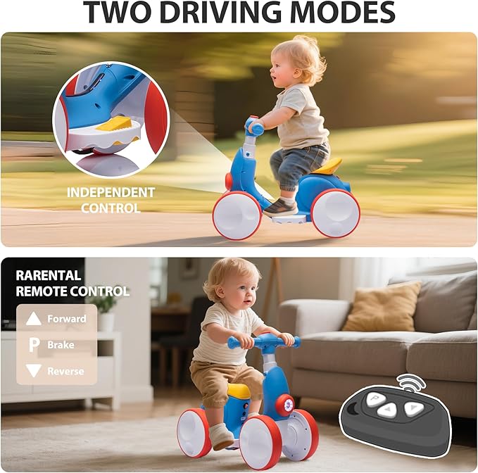 Electric Baby Balance Bike with Bubble Machine for 1 Year Old Boys Girls 4 in 1 Toddler Balance Bike 12-48 Month Kids Bubble Bike Ride Toys First Birthday Gift with Powered Motor,Music,LED Lights