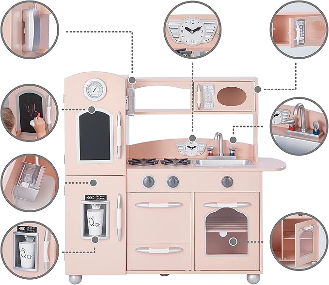 Teamson Kids Little Chef Wooden Westchester Retro Kids Play Kitchen Playset, for Toddlers Child Children Boy Girl, Pink