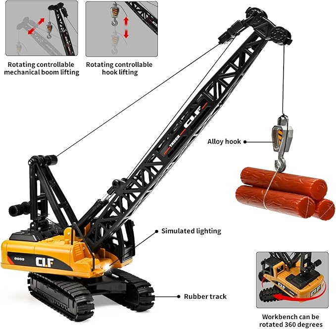 Construction Crane Toys for Boys,Crawler Cranes Truck Toy with Rotatable Fuselage Workbench and Liftable Robotic Arm,Cranes Truck with Simulated Lights,Crane Toys for Boys Age 4-7