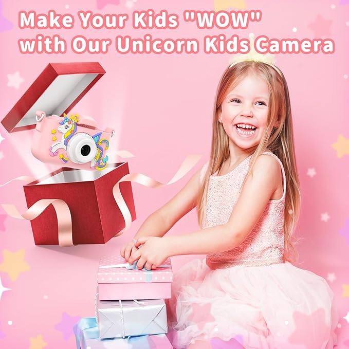 Pink Unicorn Kids Camera, Digital Camera for Toddler Boys Girls Children Selfie Camera Toy with 2 Inch Screen, 32GB Card for Age 3-12 Birthday (A Pink Unicorn)