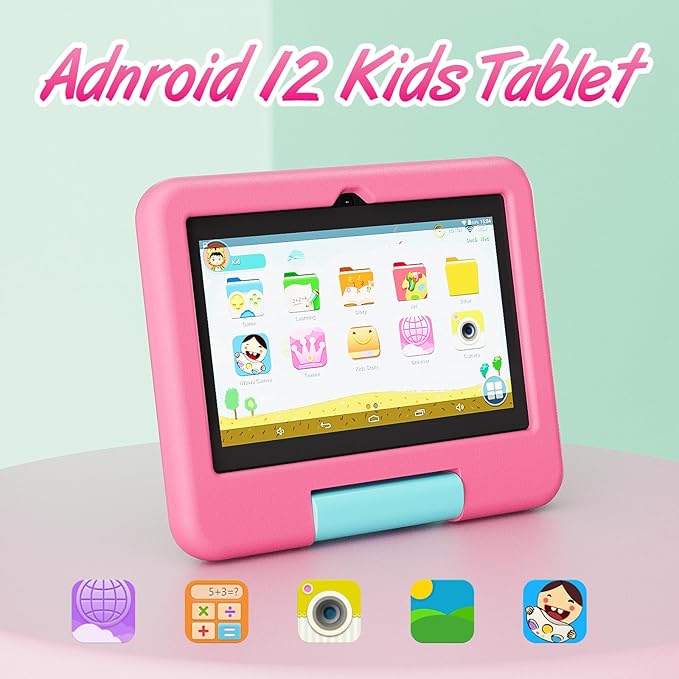 Kids Tablet, 7 inch Android Tablet for Kids, 4GB RAM 32GB ROM 1TB Expand, Toddler Tablets with Parental Control, IPS Screen, Dual Camera, Educational, Games, Shockproof Case for Boys/Girls (Pink)