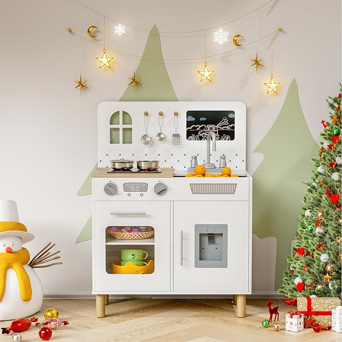 MAMIZO Play Kitchen for Kids, Pretend Playset with Blackboard & Realistic Lights & Sounds, Ultimate Interactive Wooden Kitchen with Knob Sounds, Sink, Water Dispenser, 6 Pcs Cookware for Ages 3+,White