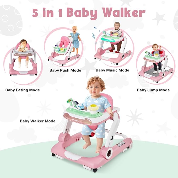 5 in 1 Baby Walker, Activity Baby Walker-Baby Bouncer, Rocker, Activity Center,Seat and Push Walker,Detachable Trampoline Mat, Adjustable Speed Rear Wheels and Height,Ages 6-18 Months
