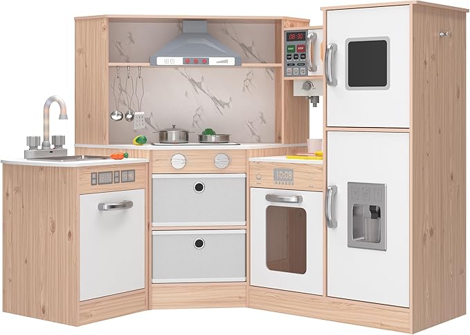 Play Kitchen Toy Set, Wooden Kids Kitchen Playset with Real Lights & Sounds, Sink, Stove, Oven, Ice Maker and Accessories for Toddlers Ages 3+, White and Light Wood