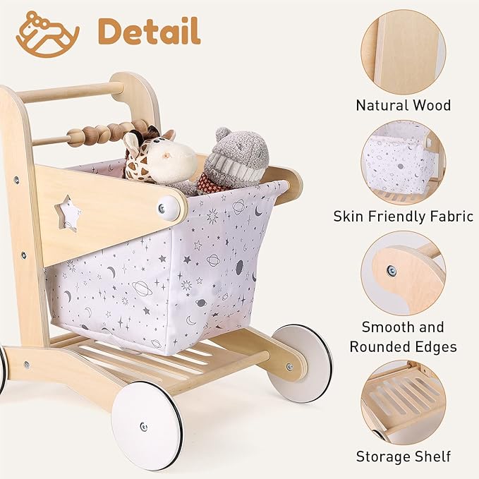 Woodtoe Wooden Baby Walker Doll Stroller | Adjustable Speed Shopping Cart for Toddlers 1-3 | Baby Push Walker - Pretend Play Grocery Cart | Wood Stroller Push Toys for Baby 1 2 3, 1st Birthday Gift