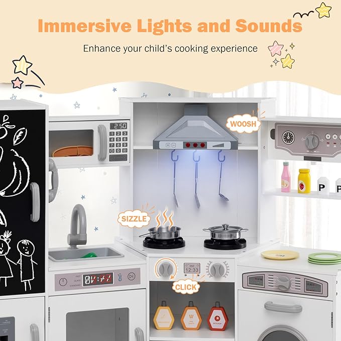 GLACER Corner Wooden Play Kitchen for Kids, Large Pretend Play Kitchen Playset with Sound, Light, Chalkboard, Microwave, Ice Maker, Washing Machine, Accessories, Toy Kitchen Set for Ages 3+ (White)