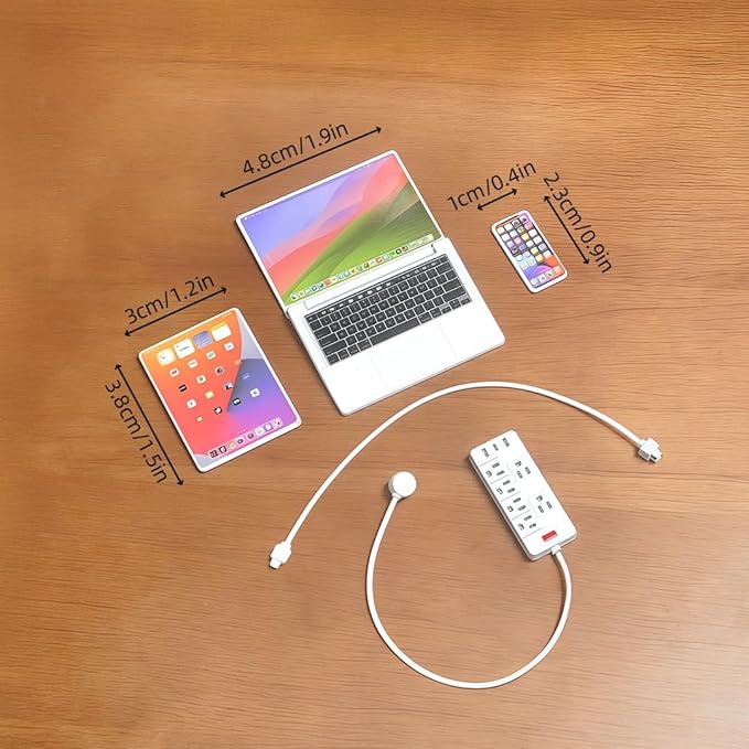Miniature Electronics Set for Dollhouses: 1:6 Scale Metal Smartphone, Tablet, Laptop & Socket - Doll Accessory Compatible with 1:12 Scale Miniatures - 5 Color Variants (White)