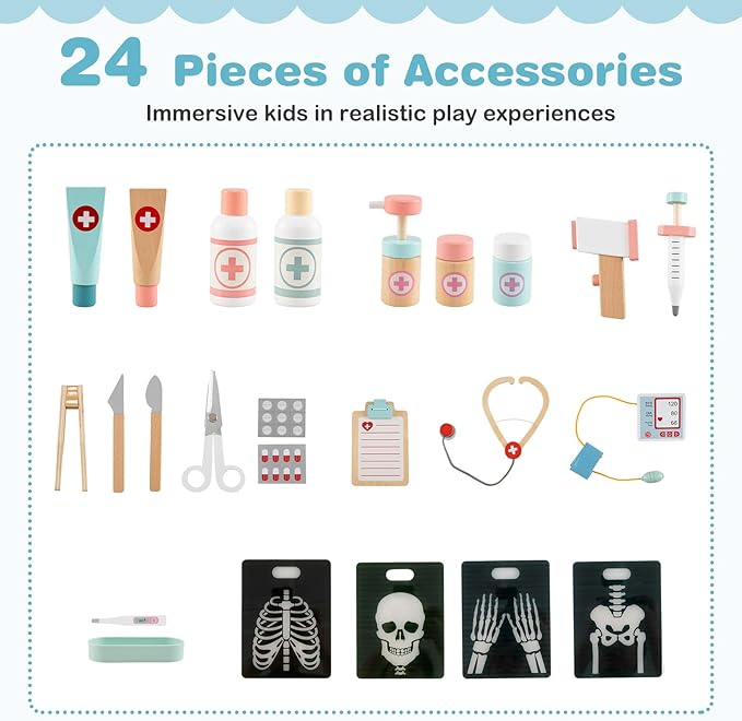 KOTEK Kids Doctor Play Set with 24 PCS Accessories, Wooden Medical Station with Eye Chart, ECG Monitor, X-Ray Film, Pretend Play Hospital Center for Toddlers, Toy Doctor Kit for Girls Boys (Blue)