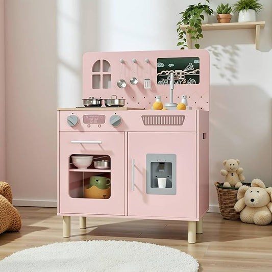 MAMIZO Play Kitchen for Kids, Pretend Playset with Blackboard & Realistic Lights & Sounds, Ultimate Interactive Wooden Kitchen with Knob Sounds, Sink, Water Dispenser, 6 Pcs Cookware for Ages 3+(Pink)