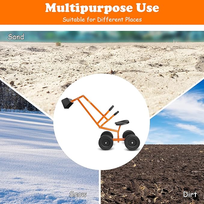 Costzon Kids Ride on Digger, Heavy Duty Steel Digging Scooper Excavator Crane with 360° Rotating Seat, 4 Thickened Wheels, Outdoor Beach Sandbox Toy for Sand, Dirt, Snow, Sit on Digger for Boys Girls