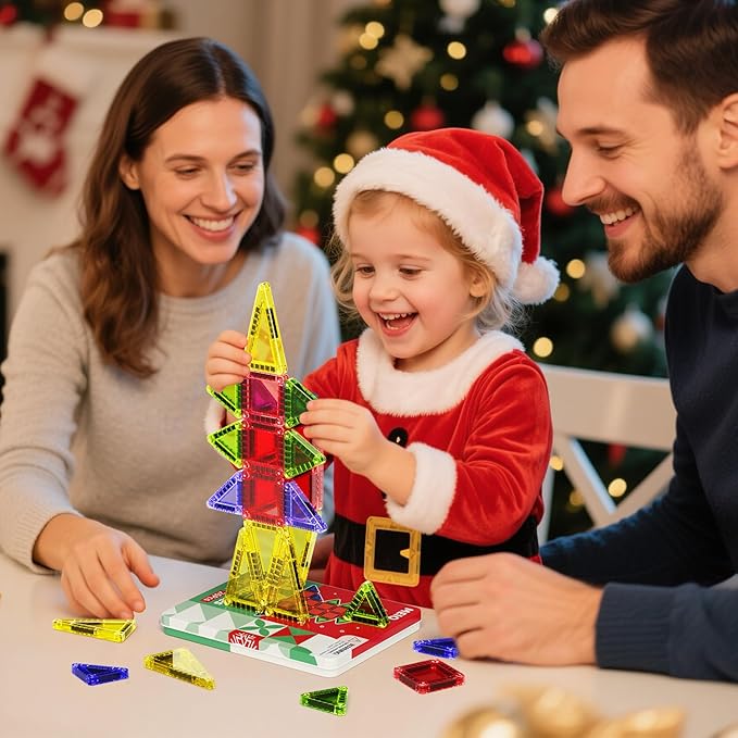 Christmas Magnetic Tiles for Kids, 26 PCs Mini Magnetic Building Blocks with Festive Iron Storage Box, STEM Travel Toys for Toddlers Ages 3-5+, Educational Learning Gift for Boys & Girls