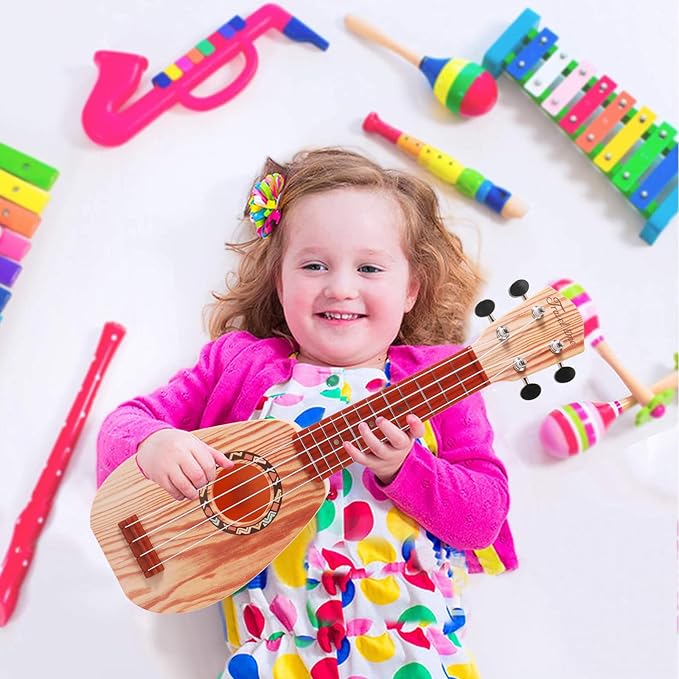 YOLOPARK 17" Kids Toy Guitar for Girls Boys, Mini Toddler Ukulele Guitar with 4 Strings Keep Tones Can Play for 3, 4, 5, 6 7 Year Old Kids Musical Instruments Educational Toys for Beginner (Wood)