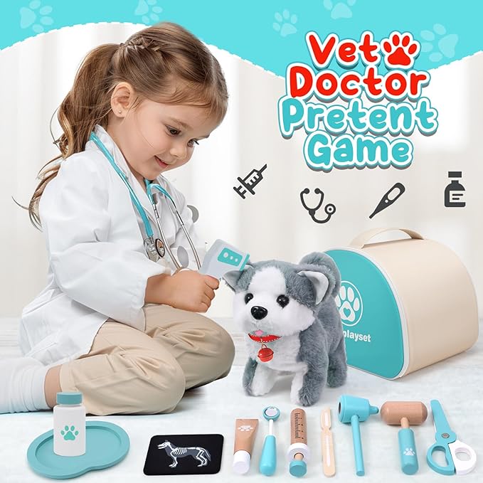 Lorfancy 22 Pcs Kids Doctor Kit Dog Toys Toddlers Wooden Veterinarian Playset Walking Barking Electronic Stuffed Dog Vet Costume Puppy Pet Pretend Play Gifts for Girls Boys 3 4 5 6+ Year Old