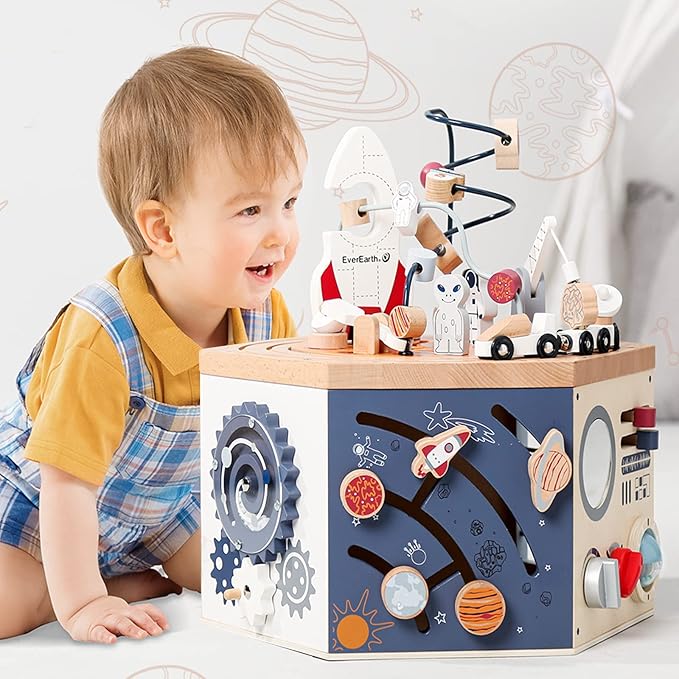 Wooden Activity Cube with Bead Maze, Space Activity Cube for Toddlers 1-3 Girls Boys Multi Play Educational Learning Montessori Cube Toddler Toy Wood Shape Color Sorter - FSC Certified