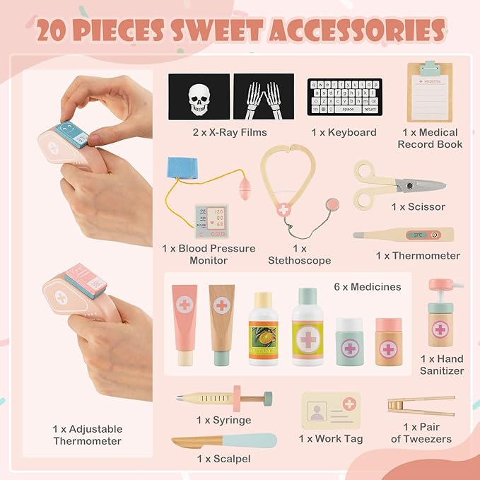 Costzon Kids Doctor Play Set, Wooden Pretend Doctor Kit w/ Eye Chart, Toy CT Machine, Realistic Medical Station & 20 Hospital Accessories, Toy Medical Center Playset for Boys Girls Aged 3+ (Pink)