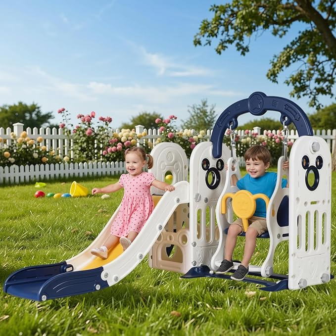 Arlopu 7 in 1 Toddler Slide and Swing Set, Kids Climber Playset with Ball & Hoop, Telescope, Suction Cup Reinforced Base, Baby Indoor Outdoor Playground (Dark Blue)