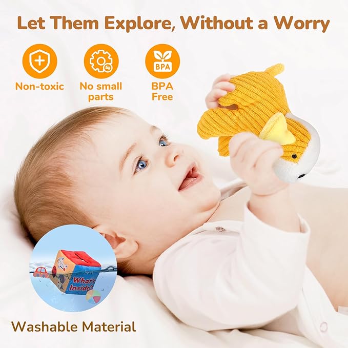 JoyCat What's Inside Box - Mystery Soft Box with 5 Sensory Objects, Rattle, Crinkle Paper, Mirror - Baby Toys 6-12 Months, Soft Busy Travel Toys - Christmas Basket Stocking Stuffers