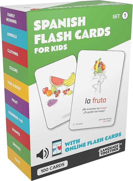 Spanish Flash Cards for Kids: 100 First Spanish Words with Online Audio - Learn Colors, Shapes, Numbers 1-10, Animals and More Beginner, Everyday Words - 100 Cards