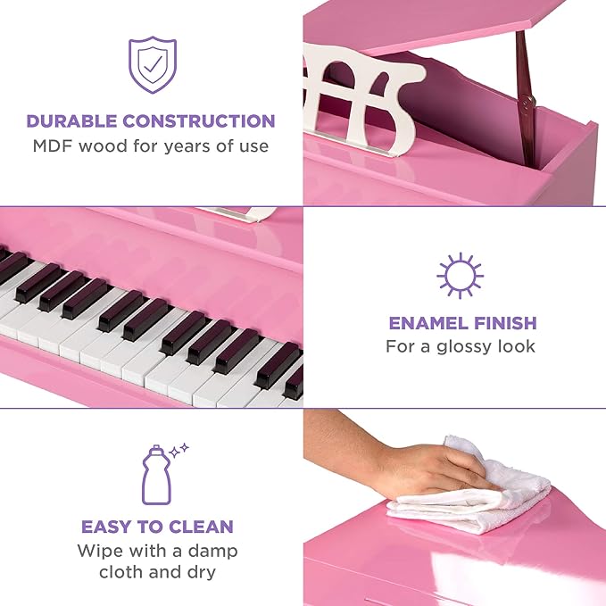 Best Choice Products Kids Classic Wooden 30-Key Mini Grand Piano Musical Instrument Toy w/ Piano Lid, Bench, Foldable Music Rack, Song Book, Note Stickers, Enamel Finish - Pink