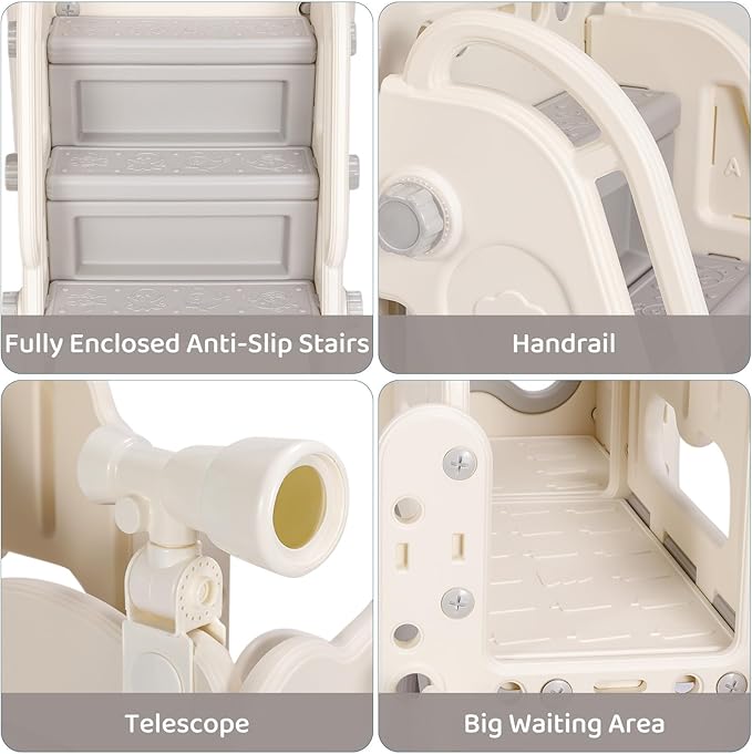 Arlopu 8 in 1 Toddler Slide Playset for Kids, Indoor Outdoor Baby Slide with Basketball Hoop, Telescope & Storage Space, Kids Playground Climber with Enclosed Steps (White Grey)