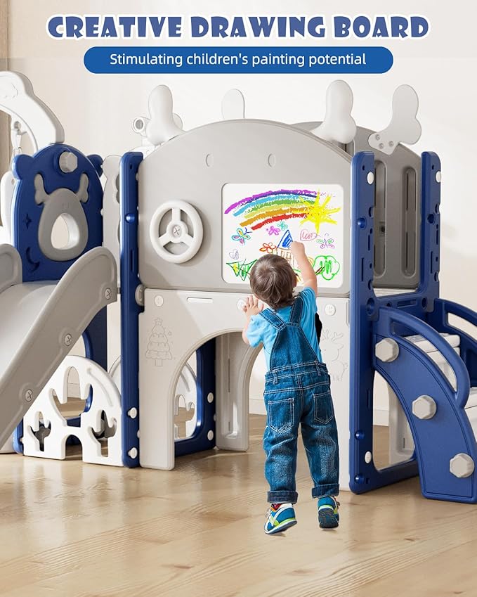 YUFU 13 in 1 Toddler Slide and Swing Set, Kids Slide for Toddlers Age 1-3, Toddler Playset with Golf Set, Basketball Hoop and Drawing Board, Outdoor Indoor Playground (Blue)